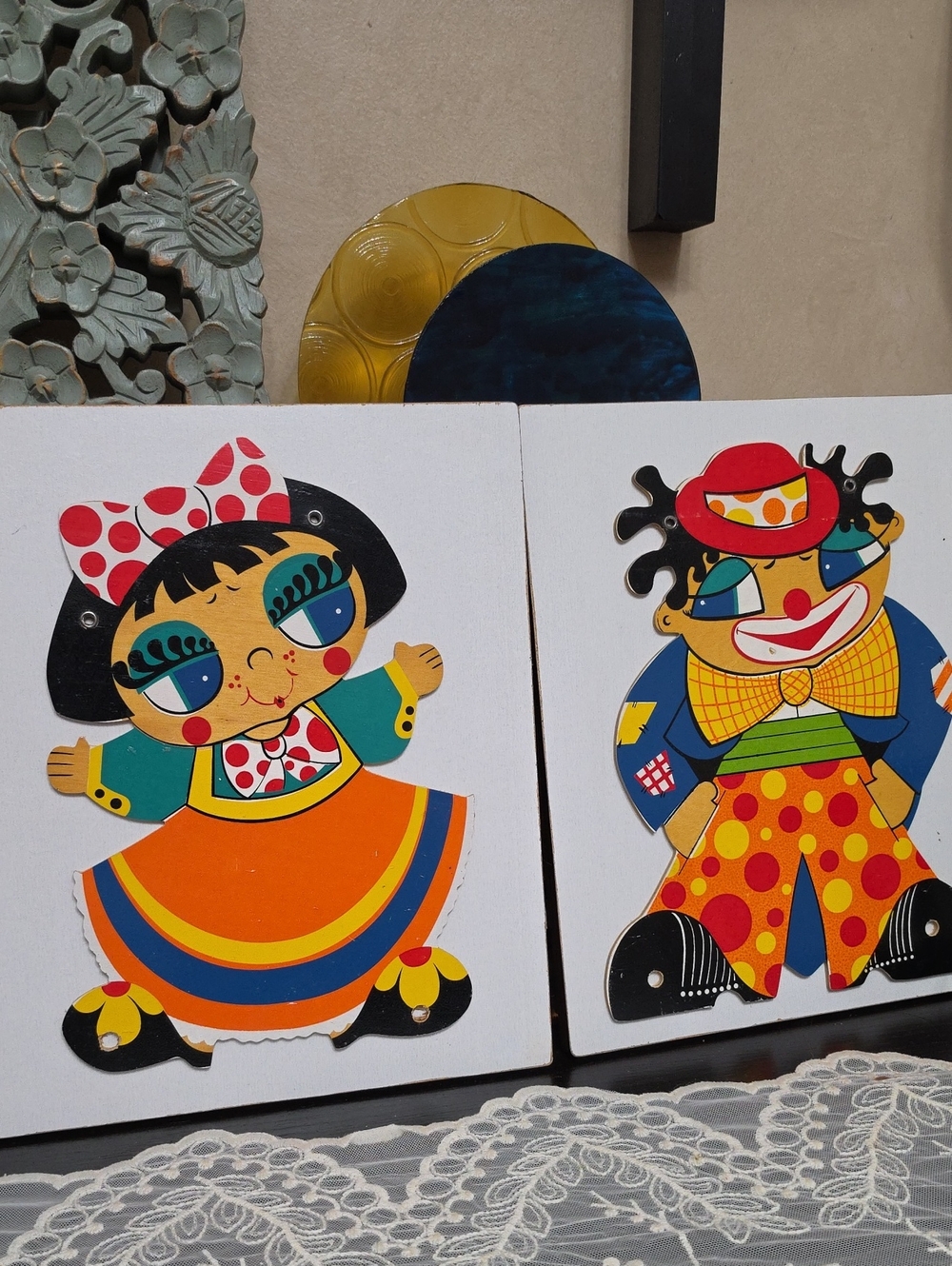 Colorful Doll & Clown Wooden Wall Plaques 1970 Multicolor Wall Decor